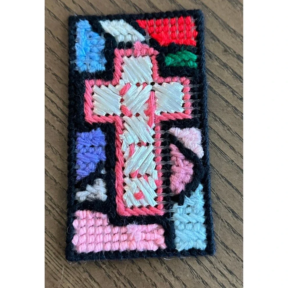 Handmade Needlepoint Cross Patch Stained Glass Mosaic Religious Fiber Art Small‎
